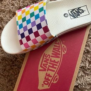 Multicolored Vans slides